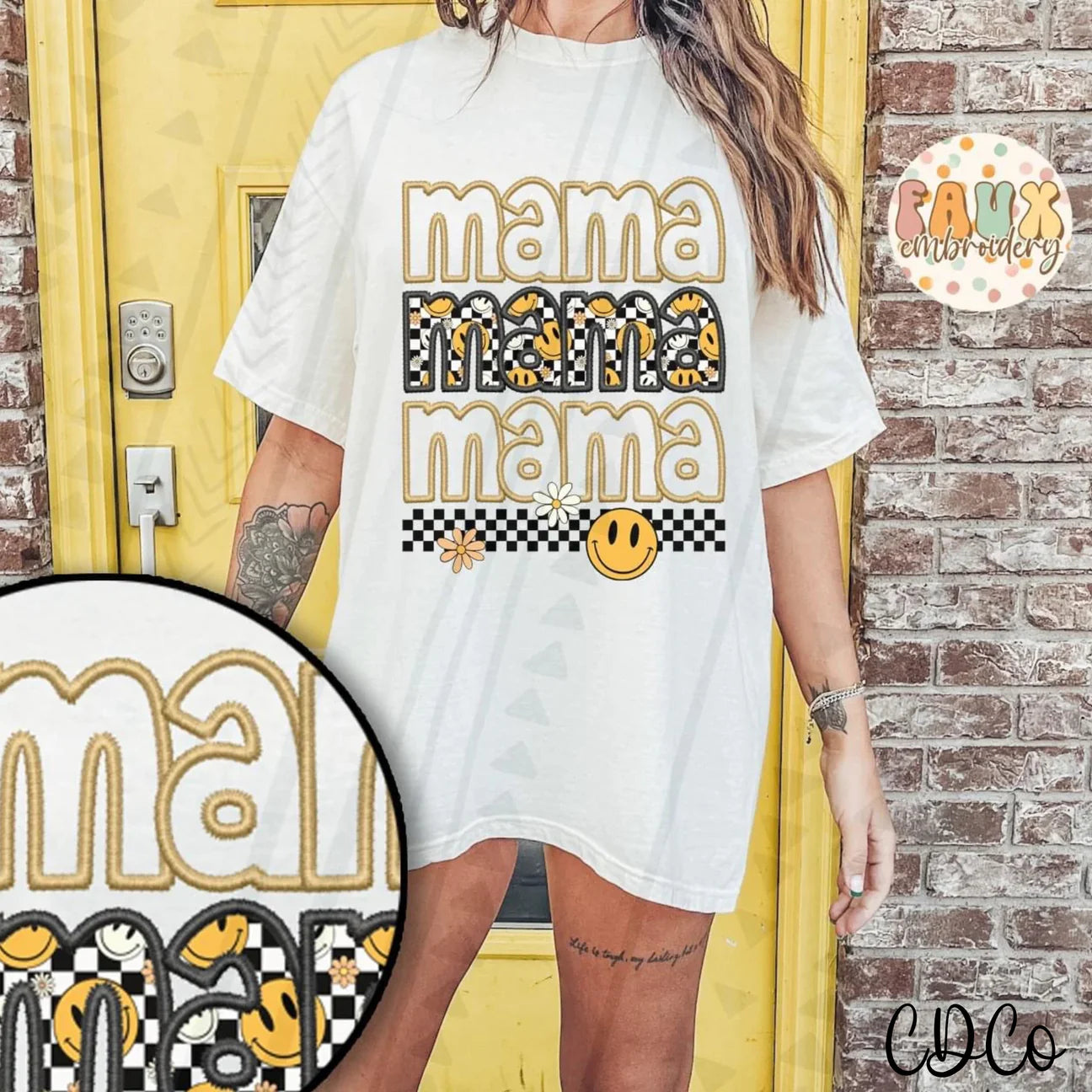 Mama sunflower stacked faux embroidery