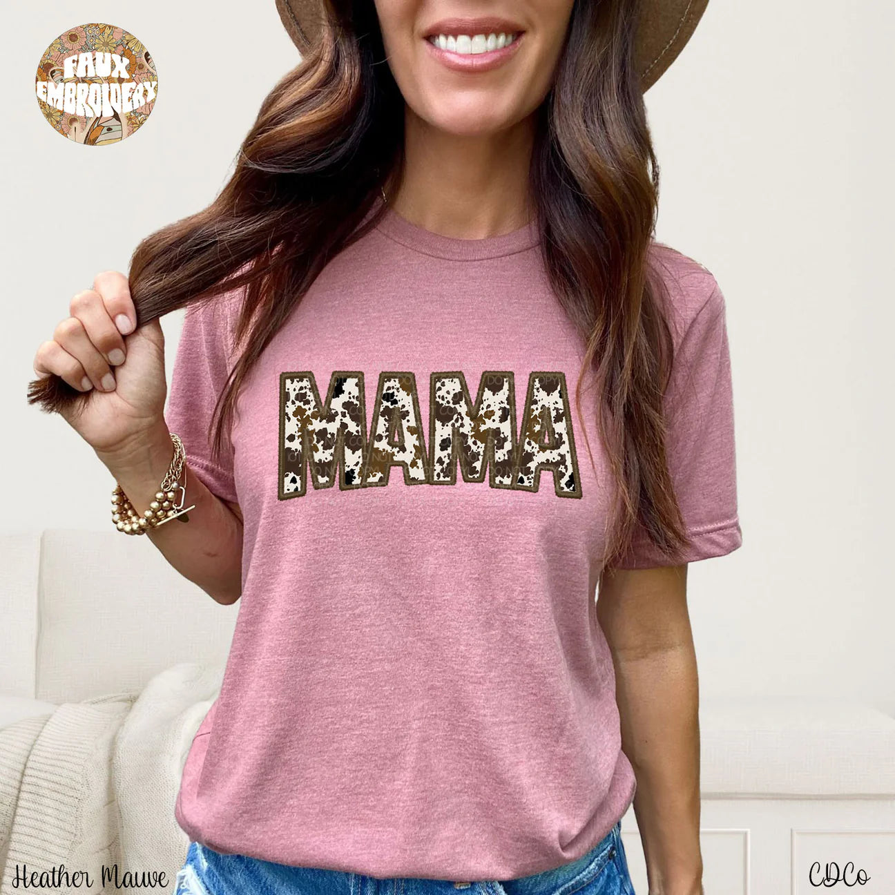 Mama cowhide brown faux embroidery