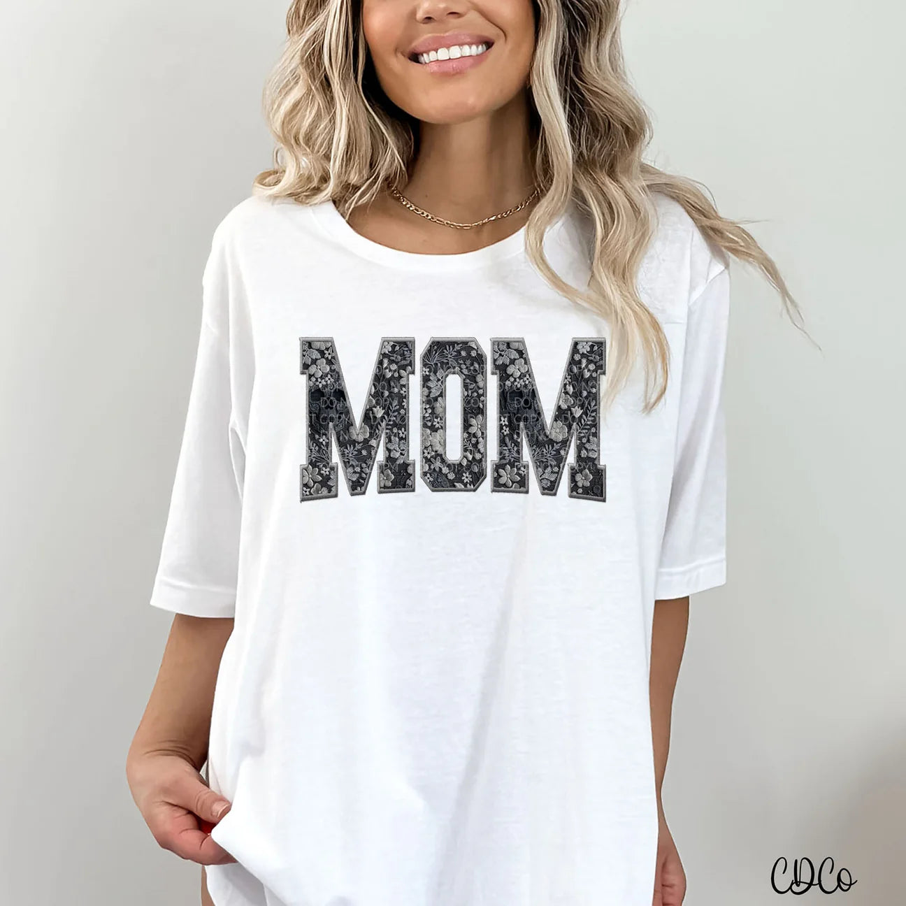 Gray mom floral skull faux embroidery