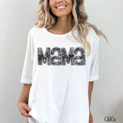 Gray mama floral skull faux embroidery