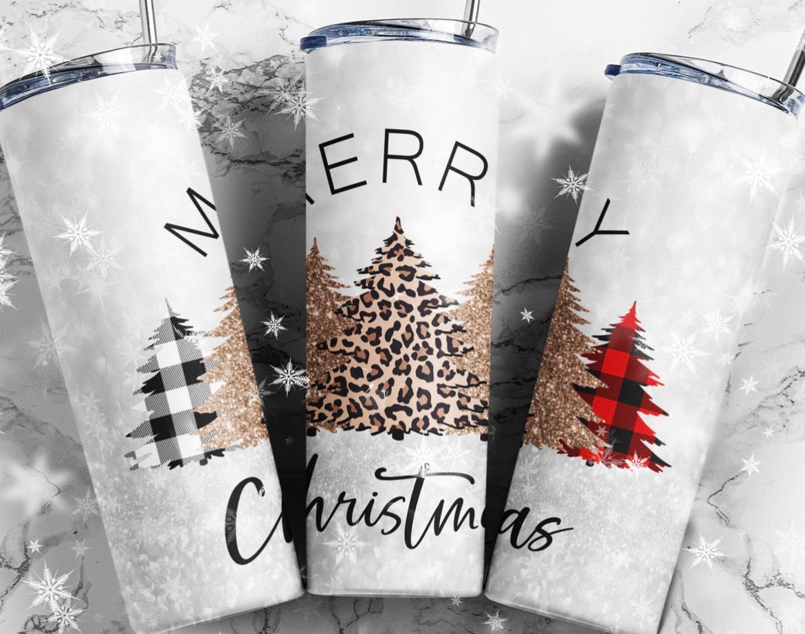 Merry Christmas cheetah plaid tree tumbler