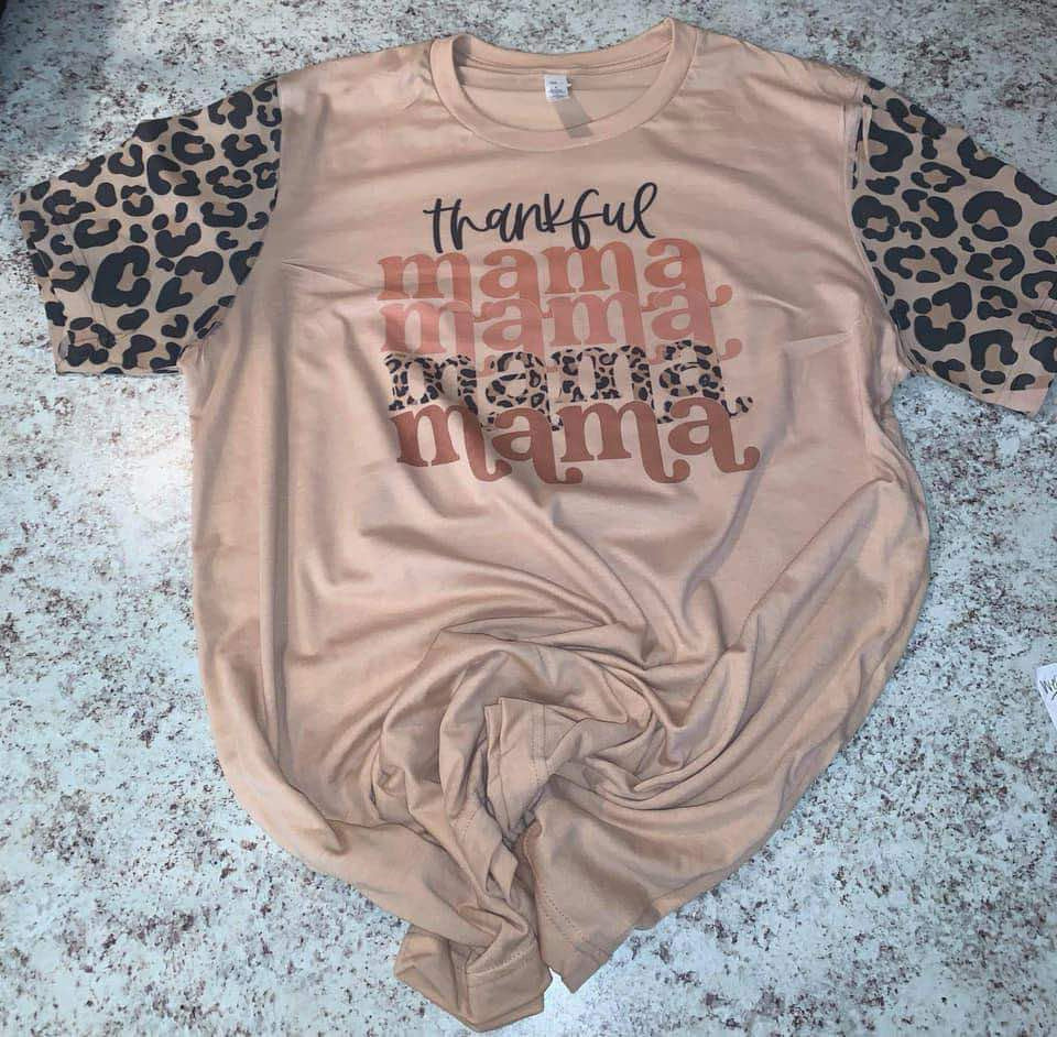Thankful Mama Leopard Sleeves Tee