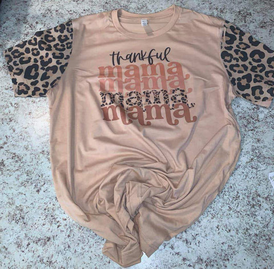 Thankful Mama Leopard Sleeves Tee